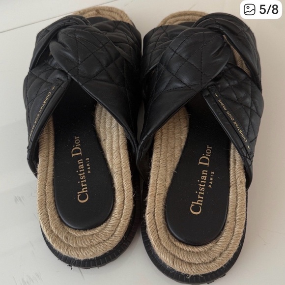 Dior Black Quilted Leather Cross-Strap Sandals with Natural Rope Trim - Picture 3 of 8